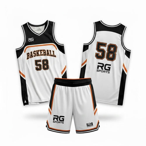White black and orange custom basketball jersey and shorts – Ember Frame