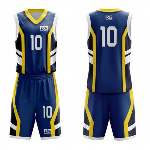 Navy blue yellow and white custom basketball jersey and shorts – Blue Vanguard