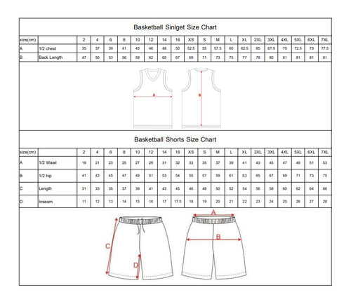 Size chart for basketball sinigets and shorts with measurements.