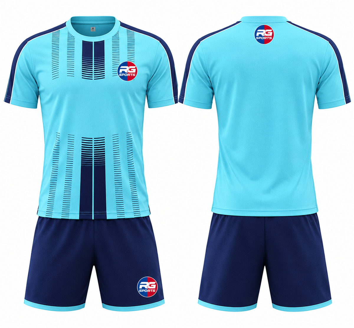 Front and back views of an aqua custom soccer jersey with navy line graphics and matching navy shorts