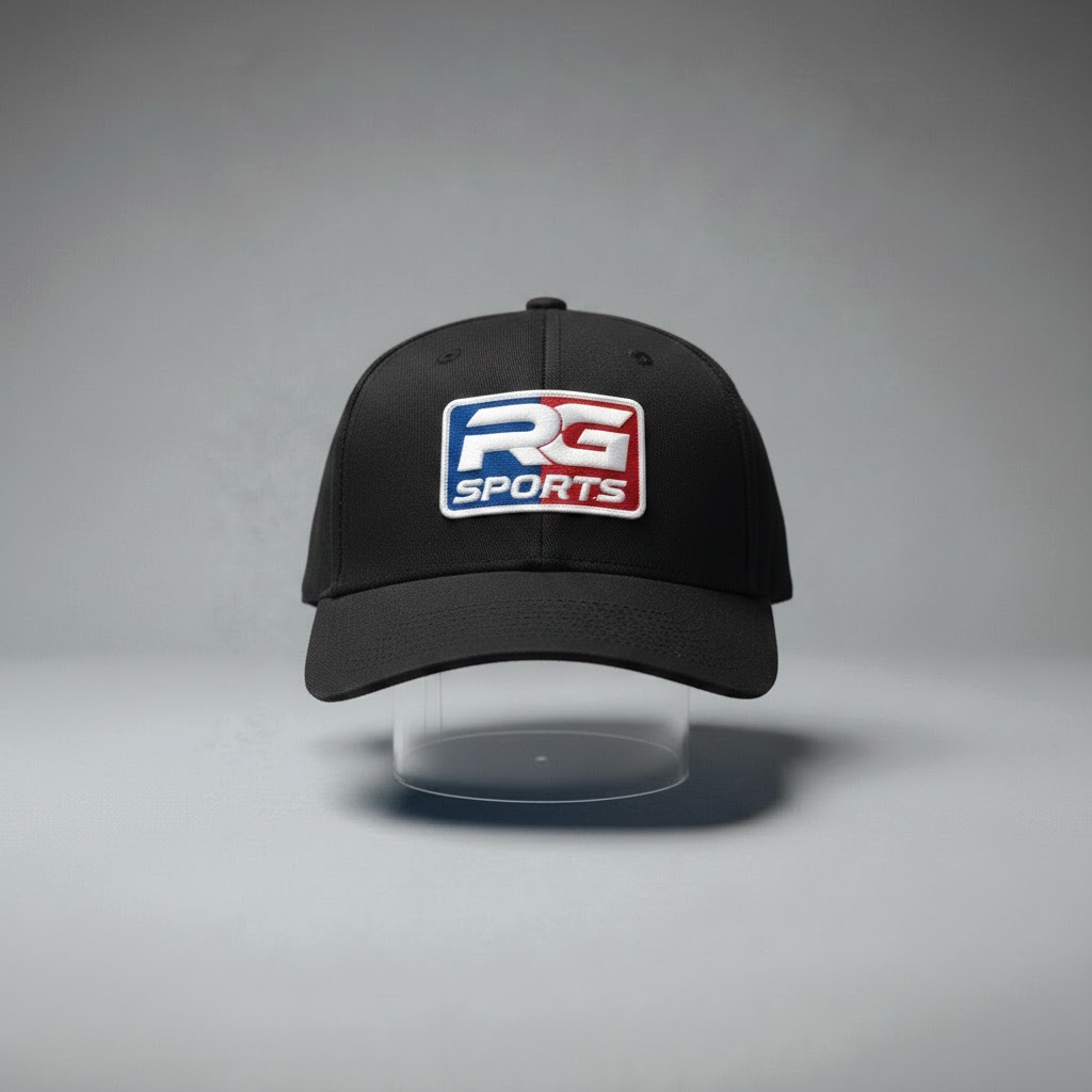 A black baseball cap displayed on a clear stand against a gray studio background, featuring a front patch logo that reads RG SPORTS in red, white, and blue.
