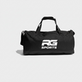 A black duffel bag with two top handles and a white 'RG SPORTS' logo printed on the front, set against a light gray background.