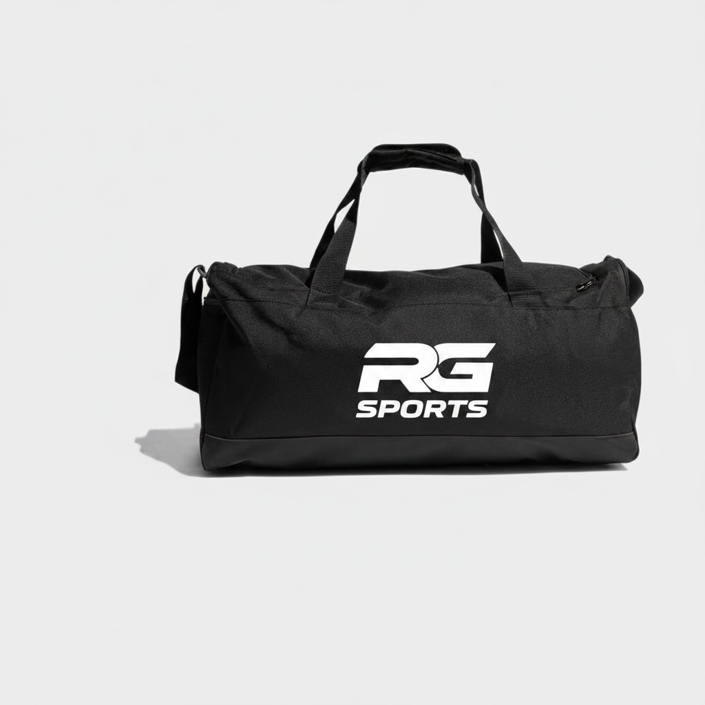 A black duffel bag with two top handles and a white 'RG SPORTS' logo printed on the front, set against a light gray background.