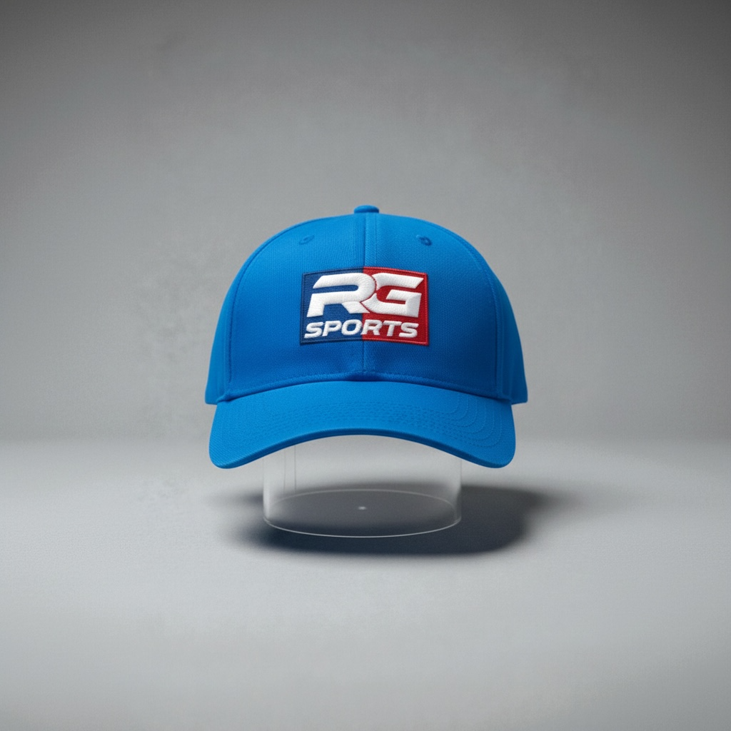 A bright blue baseball cap with a clear plastic visor, featuring a red, white, and blue 'RG SPORTS' logo patch on the front, displayed on a gray background.