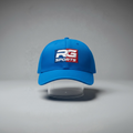 A bright blue baseball cap with a clear plastic visor, featuring a red, white, and blue 'RG SPORTS' logo patch on the front, displayed on a gray background.