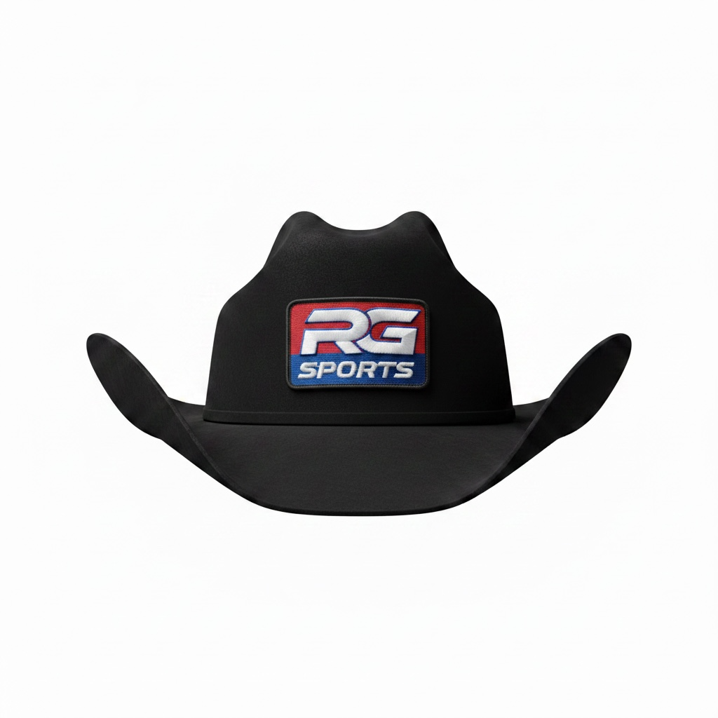 A black cowboy hat featuring a rectangular front patch with the 'RG SPORTS' logo in red, white, and blue, set against a plain white background.