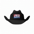A black cowboy hat featuring a rectangular front patch with the 'RG SPORTS' logo in red, white, and blue, set against a plain white background.