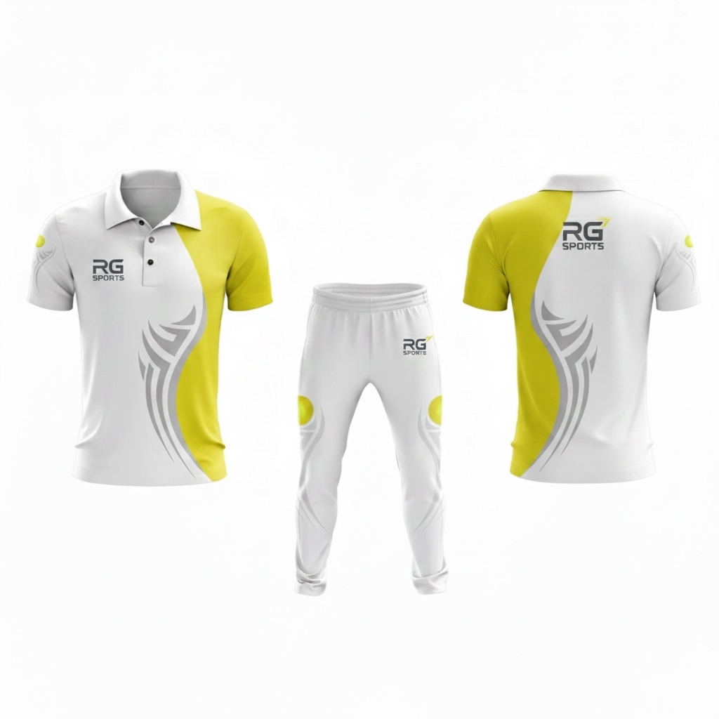 White and lime custom cricket jersey and trousers – Volt Wing uniform