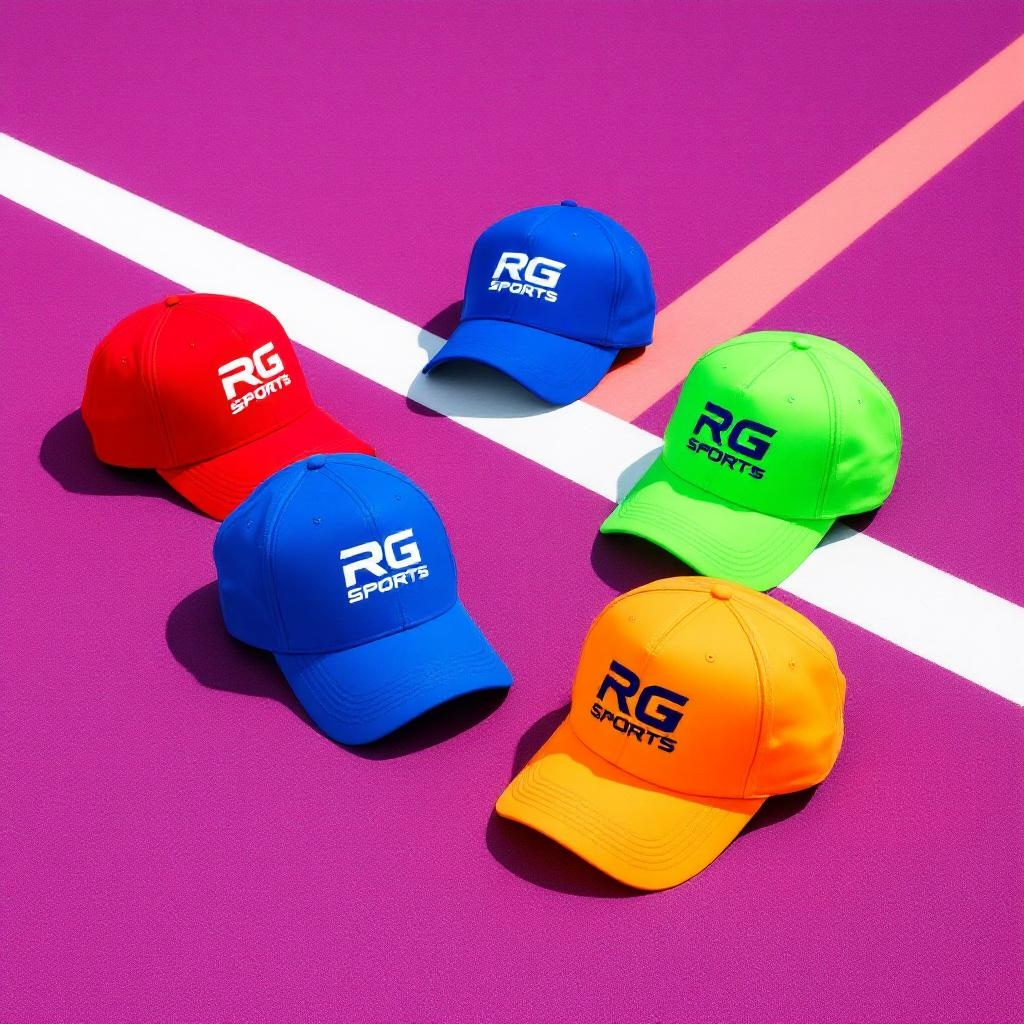Five baseball caps in red, blue, green, and orange are arranged on a bright pink court-like surface with white and peach lines. Each cap has a white or dark logo reading RG SPORTS.