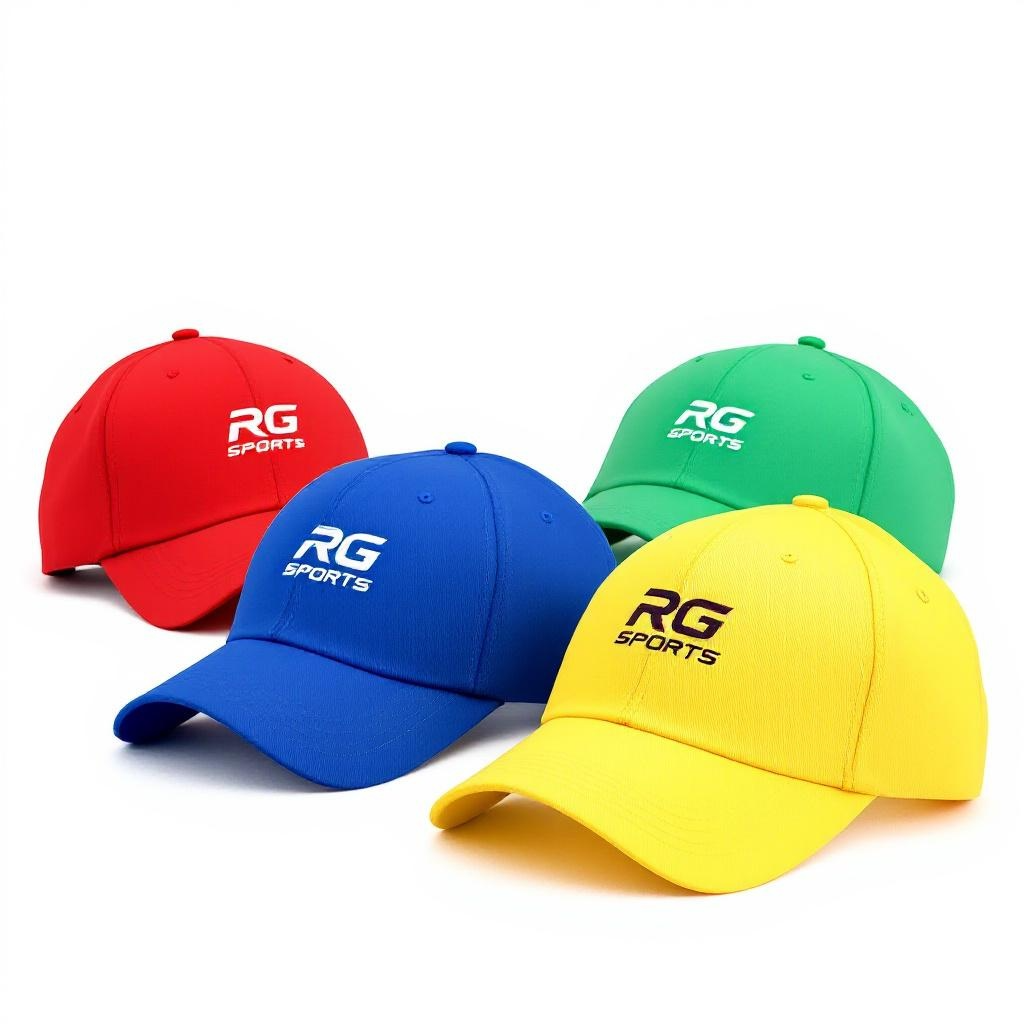 Four curved-brim baseball caps in red, blue, green, and yellow, each printed with a white or black 'RG SPORTS' logo on the front, arranged on a clean white background.