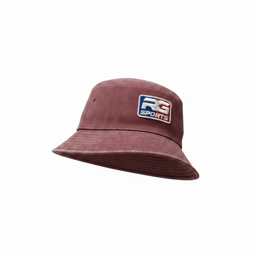 A dusty rose bucket hat with a white, red, and blue RC Sports logo patch on the front, shown against a plain white background.