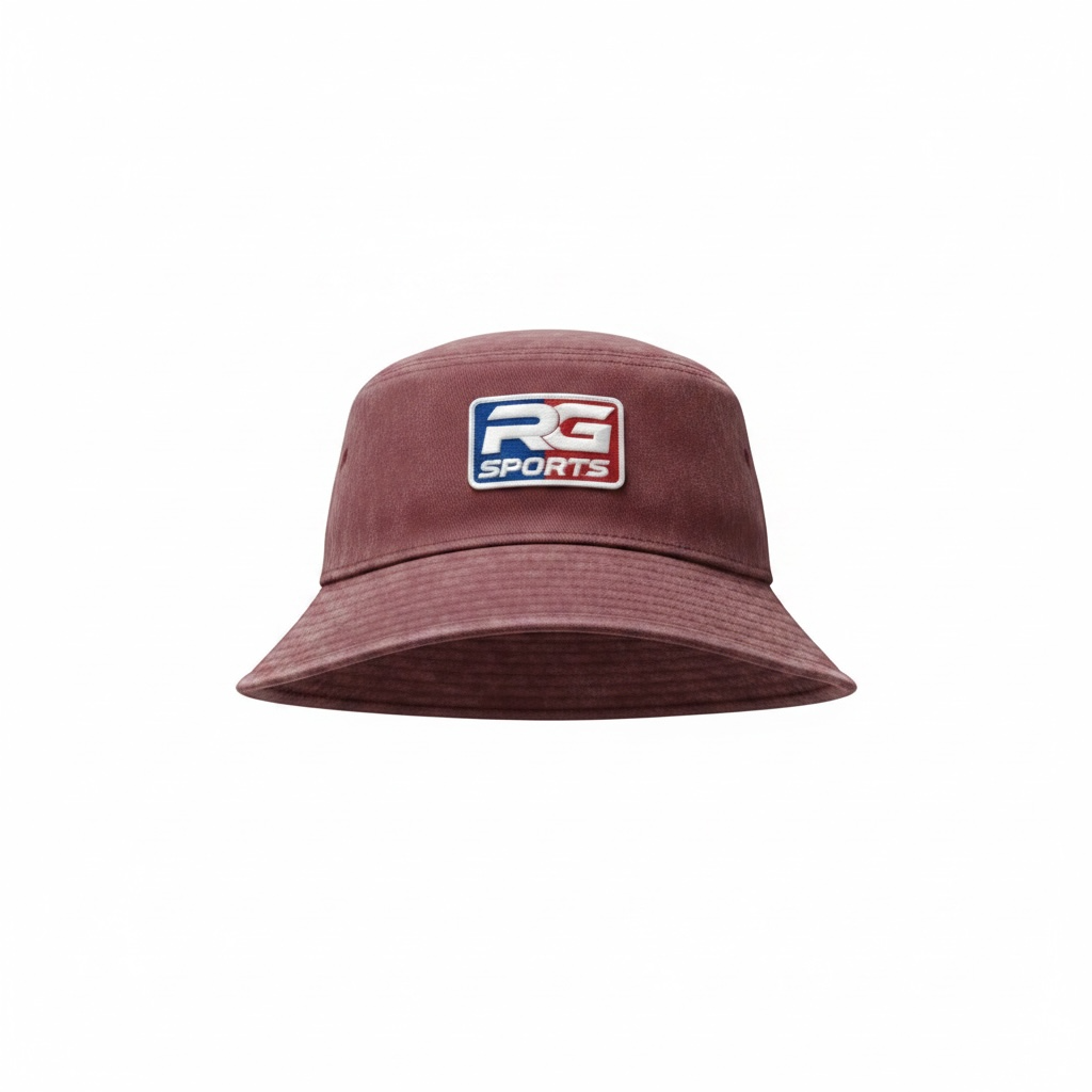 A maroon bucket hat featuring a square embroidered patch on the front with the text 'RG SPORTS' in white, blue, and red, set against a plain white background.