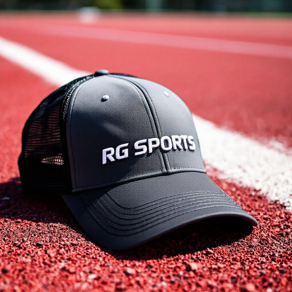 A dark gray trucker-style baseball cap with 'RG SPORTS' embroidered in white on the front, resting on a red running track with a white line in the background.