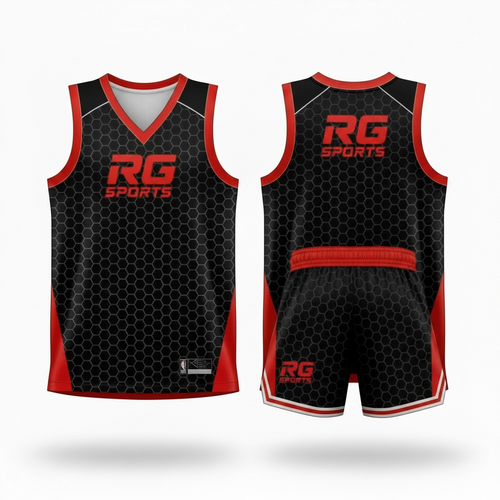 Black honeycomb and red custom basketball jersey and shorts – Crimson Hive uniform