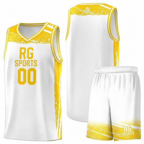 White and yellow custom basketball jersey and shorts – Golden Splash uniform