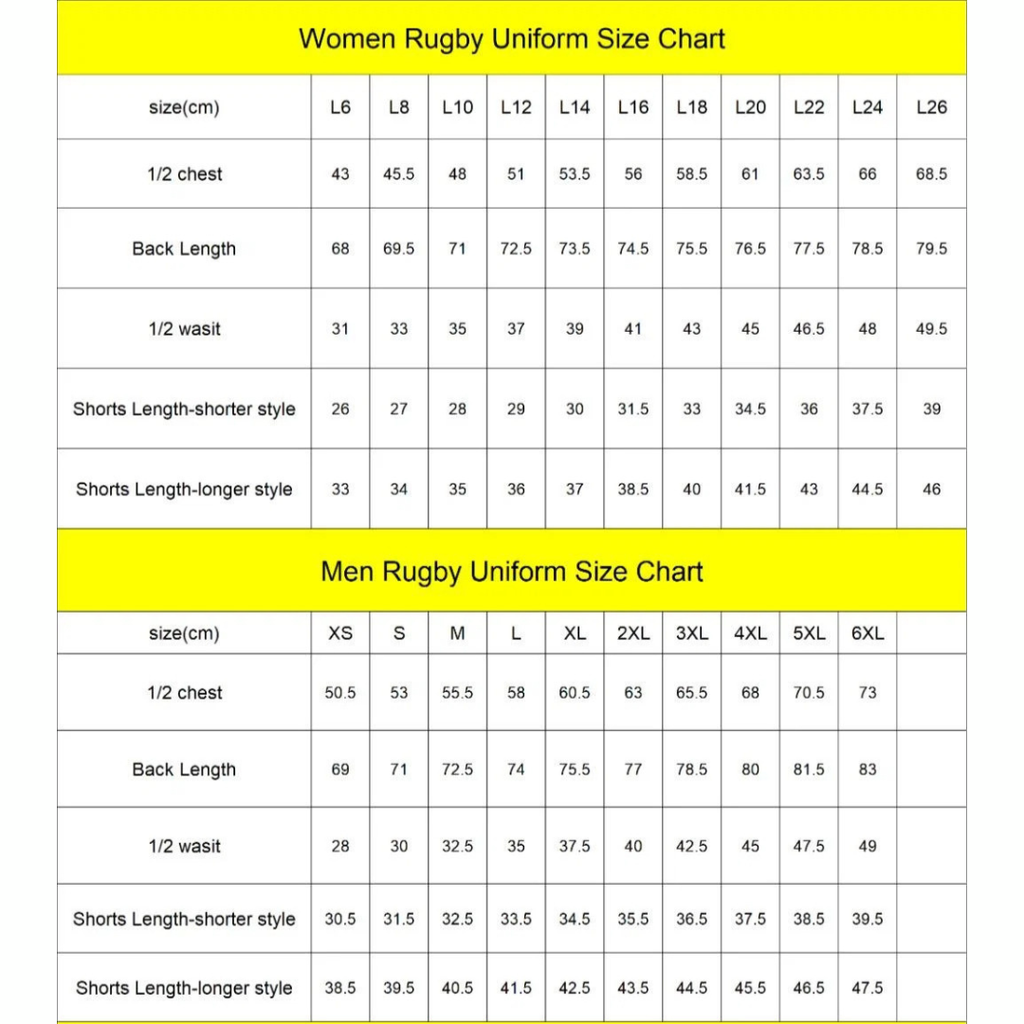 A size chart graphic comparing women's and men's rugby uniform measurements, with yellow headers reading 'Women Rugby Uniform Size Chart' and 'Men Rugby Uniform Size Chart' above tabular centimeter measurements for chest, back length, waist, shorts, and overall sizes.