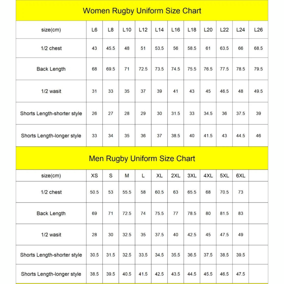 A size chart graphic comparing women's and men's rugby uniform measurements, with yellow headers reading 'Women Rugby Uniform Size Chart' and 'Men Rugby Uniform Size Chart' above tabular centimeter measurements for chest, back length, waist, shorts, and overall sizes.