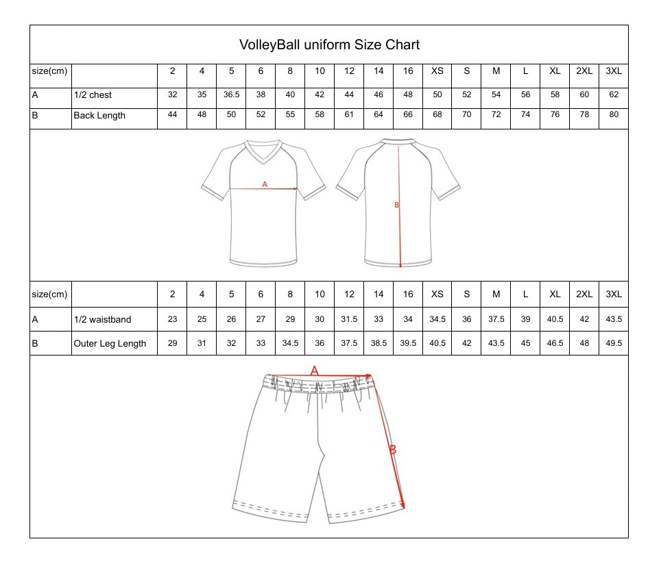 Volleyball uniform size chart with measurements for shirt, shorts, and waistband.