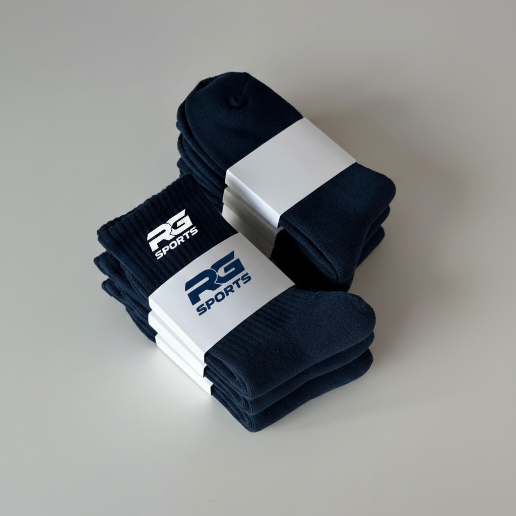 Navy custom cotton sports socks with personalised RG Sports branding