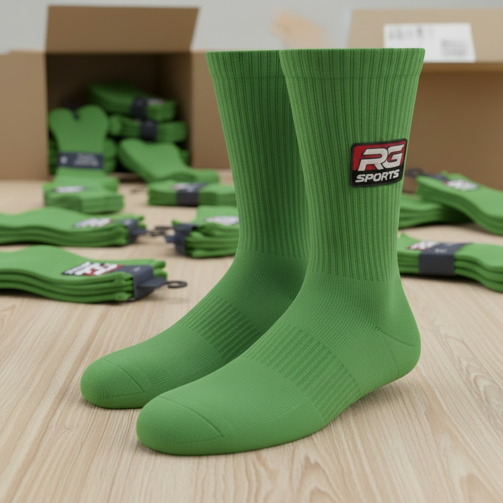 Green custom cotton crew socks with personalised RG Sports logo