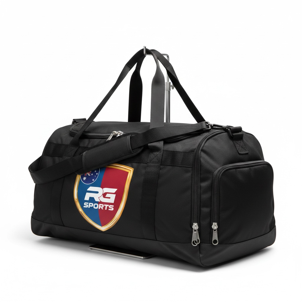Black custom multi-pocket sports duffel bag with RG Sports Australia crest