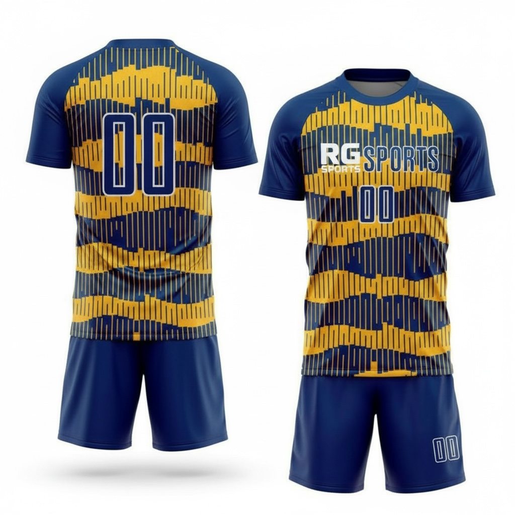 Navy and gold custom soccer jersey with matching personalised shorts