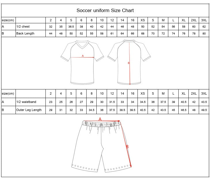 Custom Soccer Uniform Jersey and Shorts Size Chart Australia