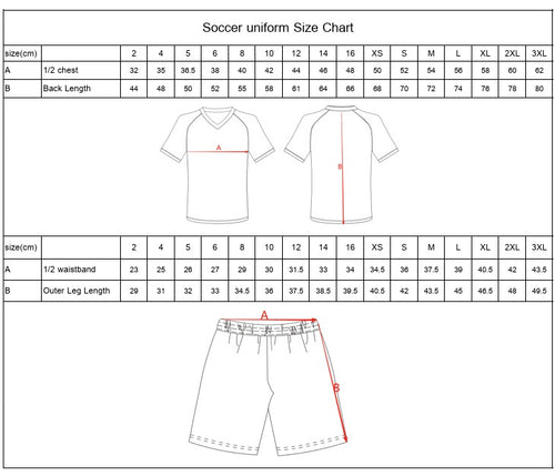 Custom Soccer Uniform Jersey and Shorts Size Chart Australia
