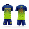 Custom soccer team kit in navy and neon green with personalised jersey and shorts