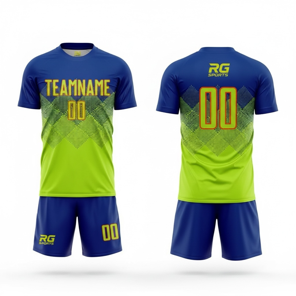 Custom soccer team kit in navy and neon green with personalised jersey and shorts