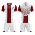 White and maroon custom soccer uniform with chevron jersey and matching shorts by RG Sports Australia