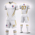 White and gold custom soccer uniform set with jersey shorts and matching socks by RG Sports Australia