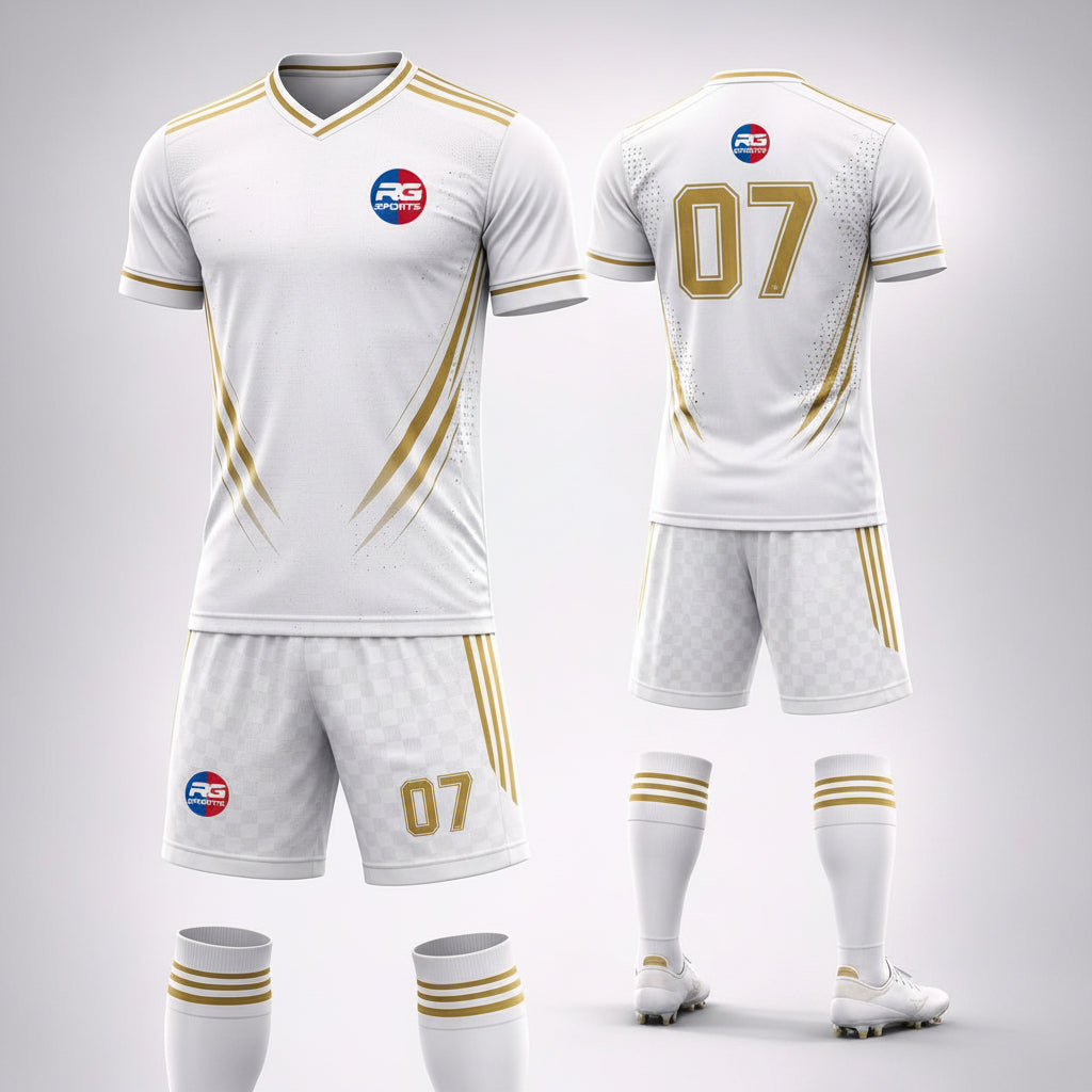 White and gold custom soccer uniform set with jersey shorts and matching socks by RG Sports Australia