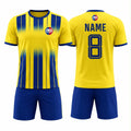 Yellow and navy striped custom soccer jersey and shorts uniform set by RG Sports Australia