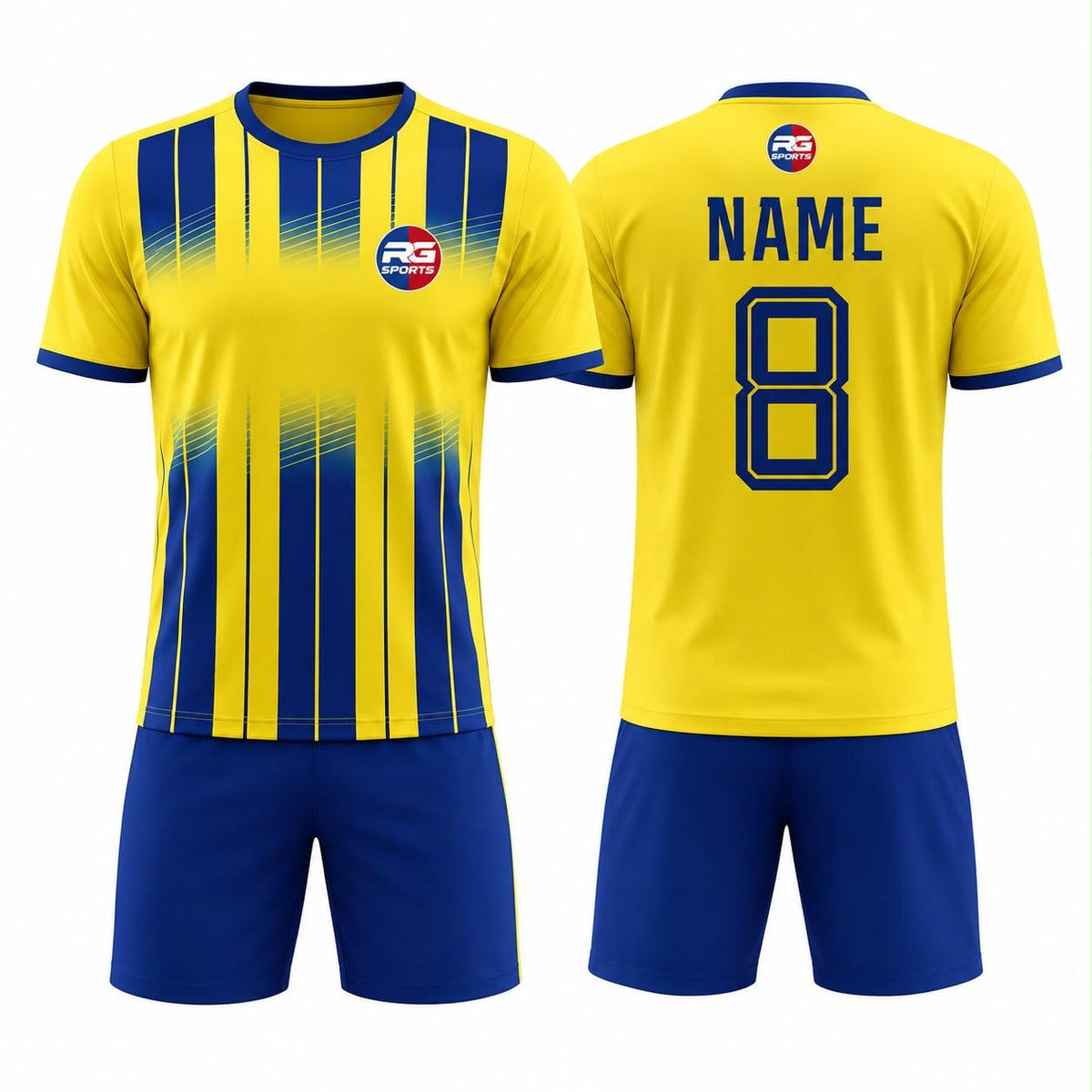 Yellow and navy striped custom soccer jersey and shorts uniform set by RG Sports Australia