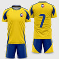 Yellow and navy custom soccer uniform set with personalised jersey and matching shorts by RG Sports Australia