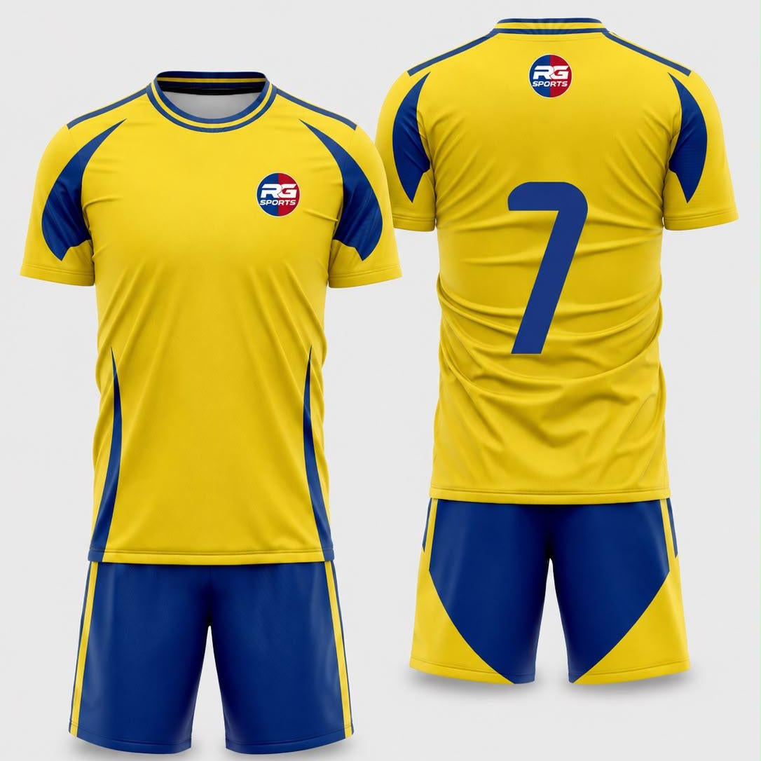 Yellow and navy custom soccer uniform set with personalised jersey and matching shorts by RG Sports Australia