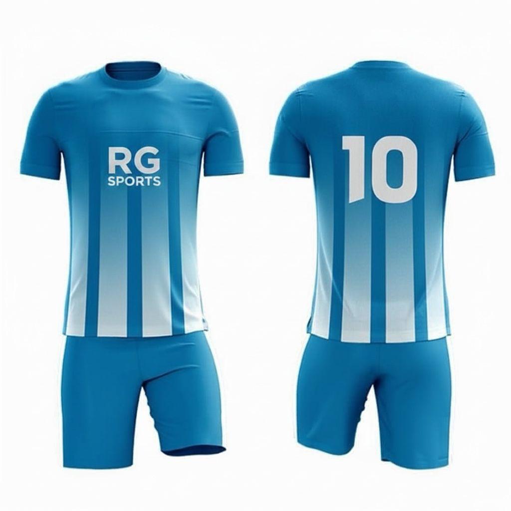 Blue and white custom striped soccer jersey with matching personalised shorts