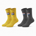 Yellow and charcoal custom cotton crew socks with personalised RG Sports branding