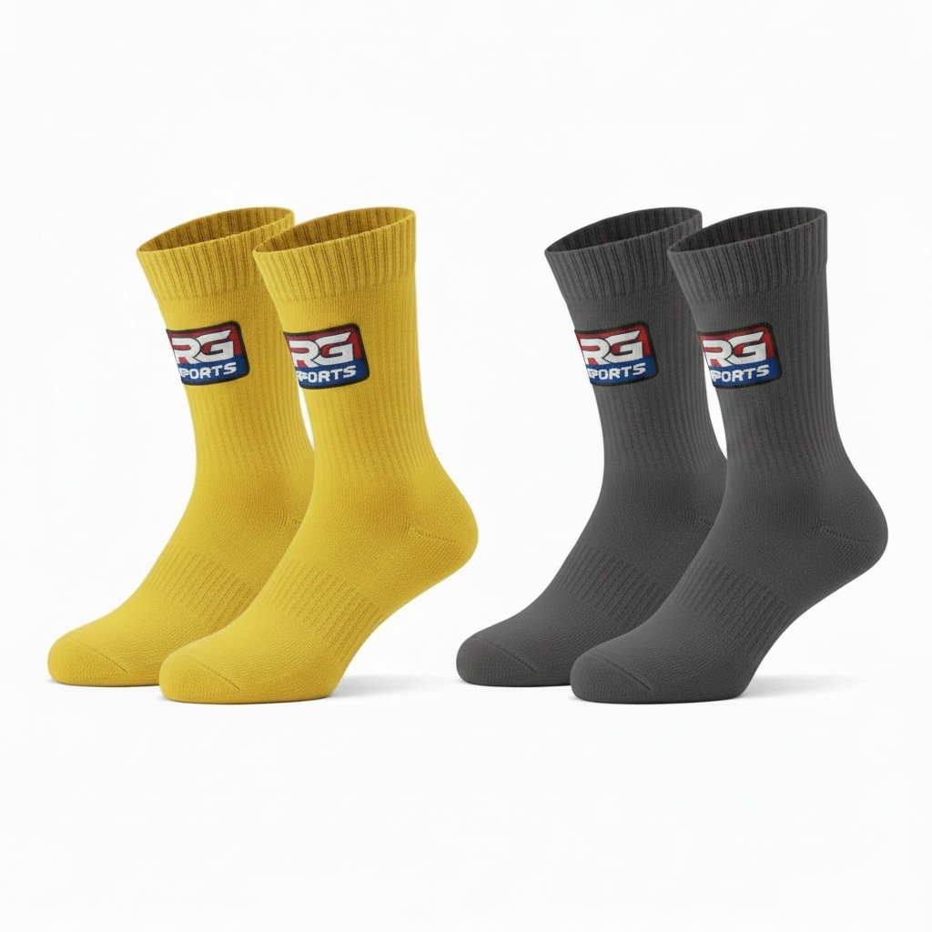 Yellow and charcoal custom cotton crew socks with personalised RG Sports branding
