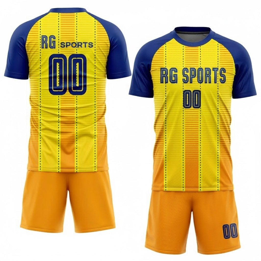 Yellow and navy custom soccer jersey with matching personalised shorts