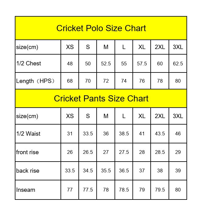 RG Sports custom cricket jersey and trousers size chart