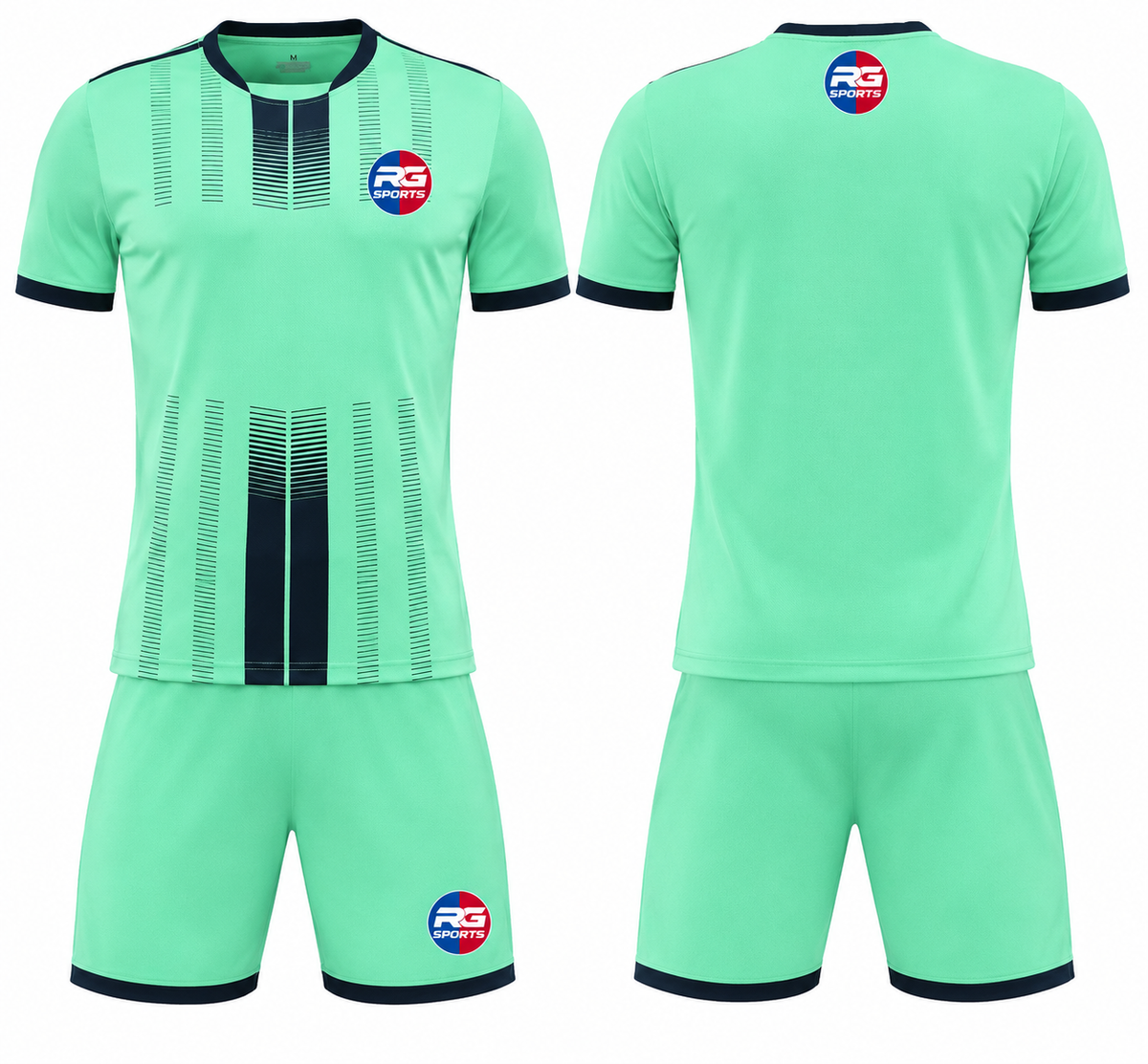 Front and back views of a mint green custom soccer jersey with dark vertical detailing and matching shorts