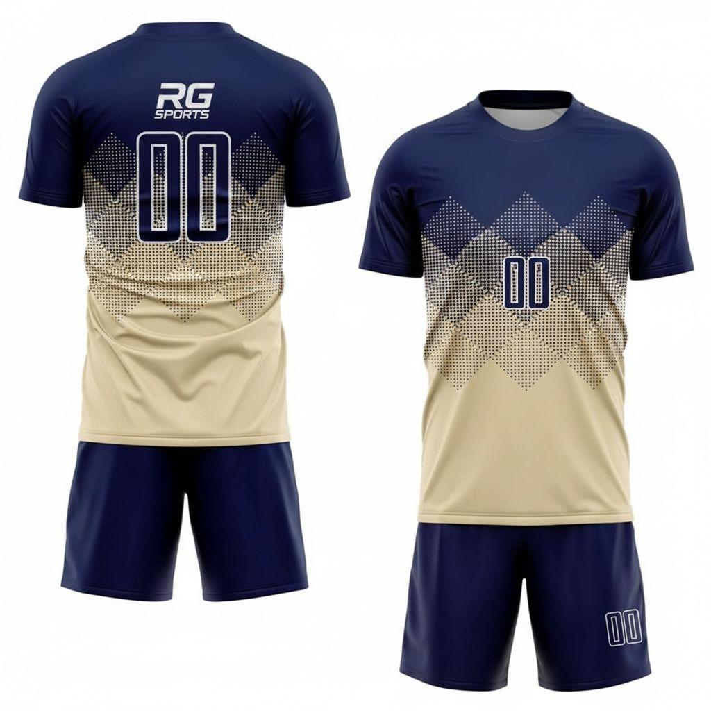Navy and sand personalised soccer uniform with geometric jersey and matching shorts