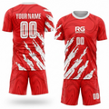 Red and white premium custom soccer jersey with matching personalised shorts