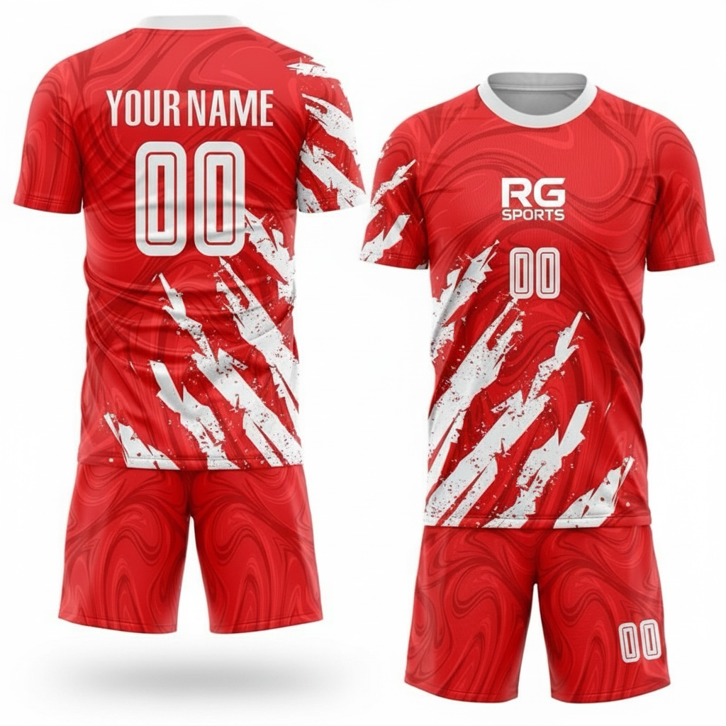 Red and white premium custom soccer jersey with matching personalised shorts