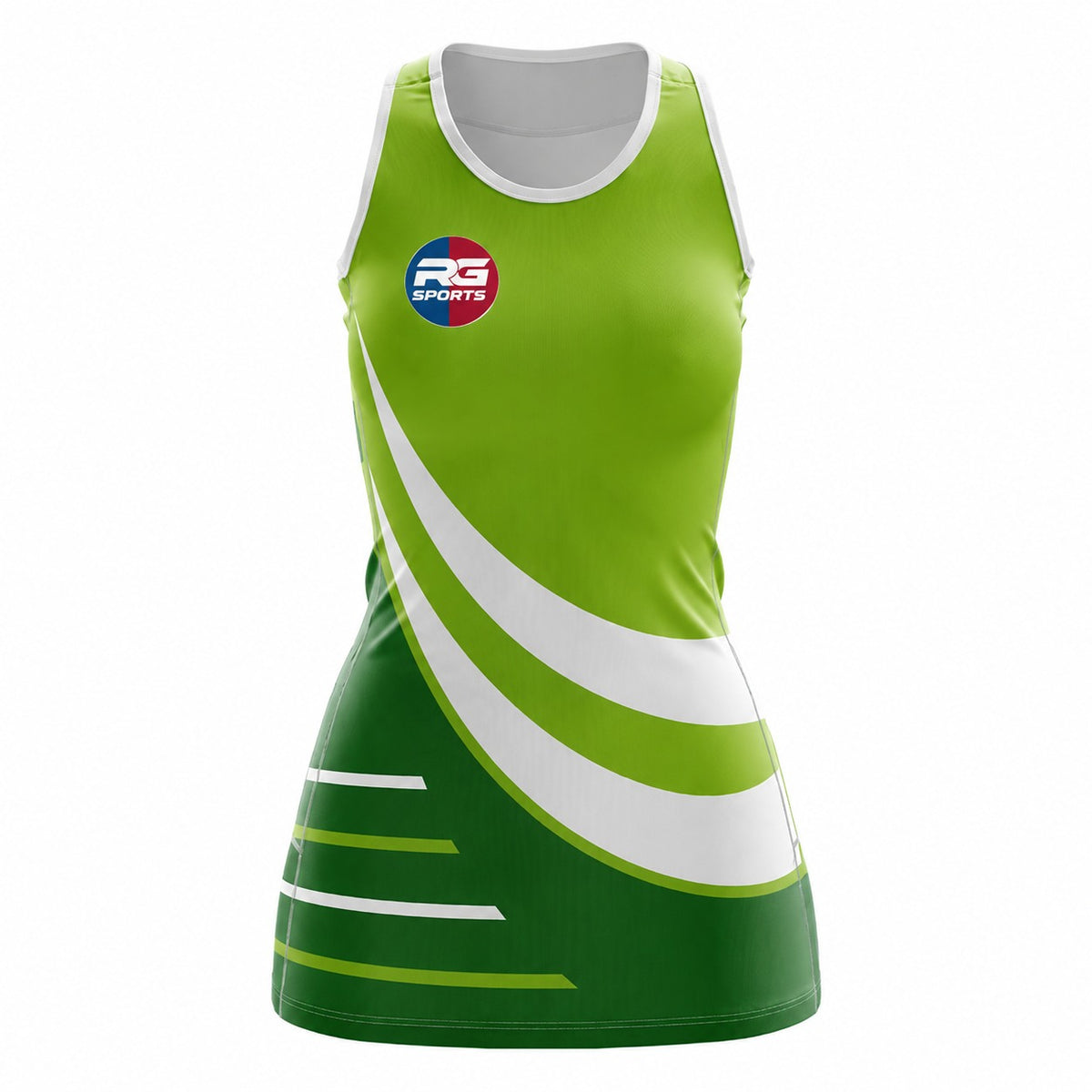 Lime and forest green custom netball dress with white sweeping bands
