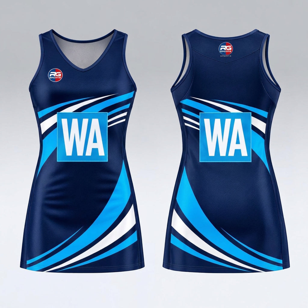 Navy and cyan netball dress artwork with example WA position panel on front and back