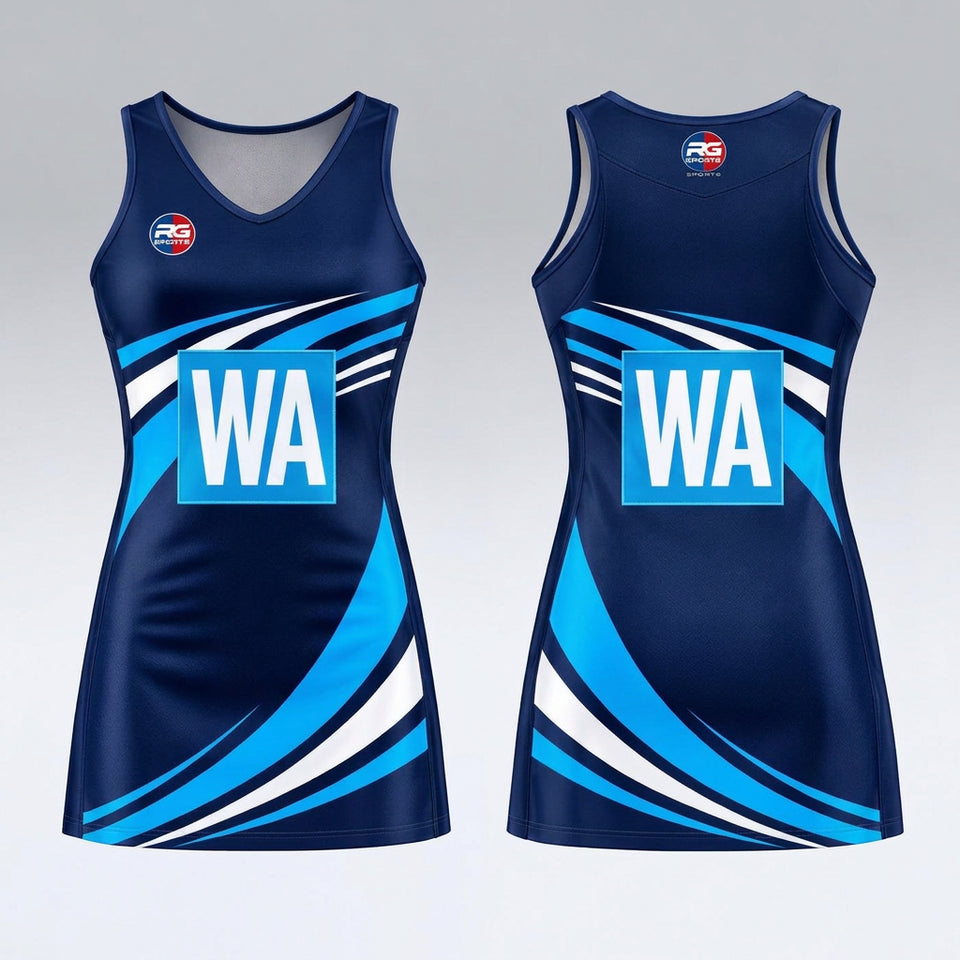 Navy and cyan netball dress artwork with example WA position panel on front and back