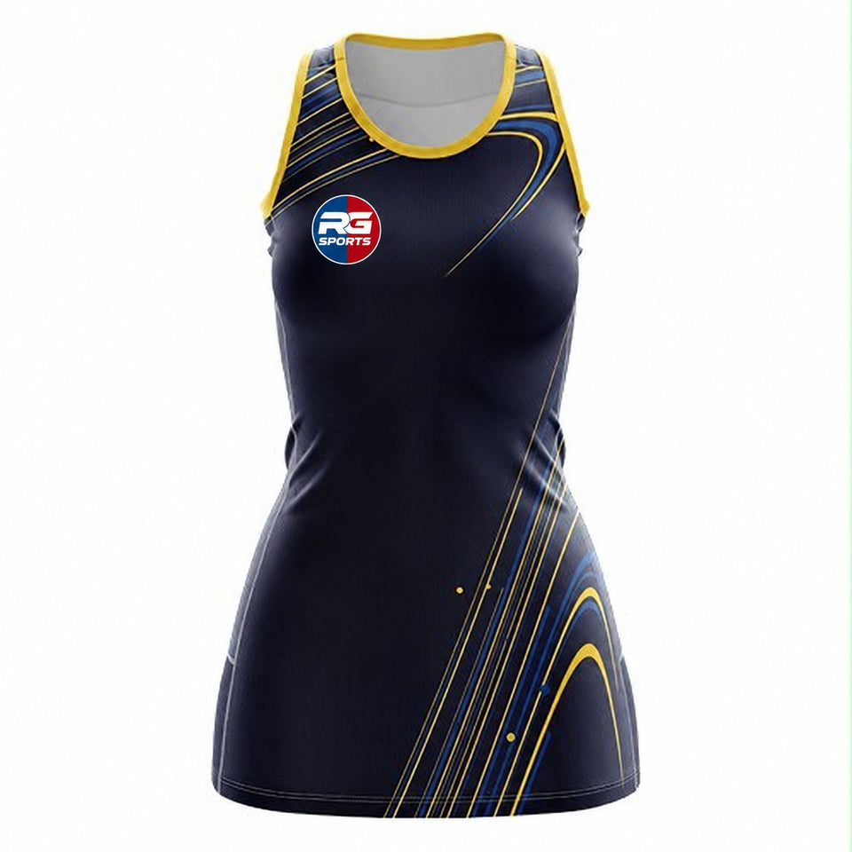 Navy and gold custom netball dress with curved blue and gold accents